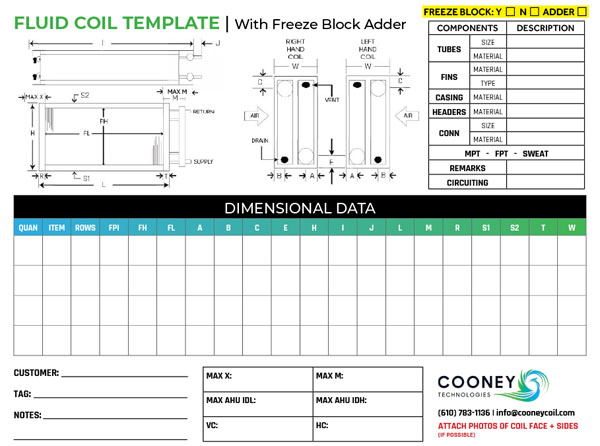 Cooney fluid coil measuring template showing OAL, FH, FL, CH, CL, header depth and stub length