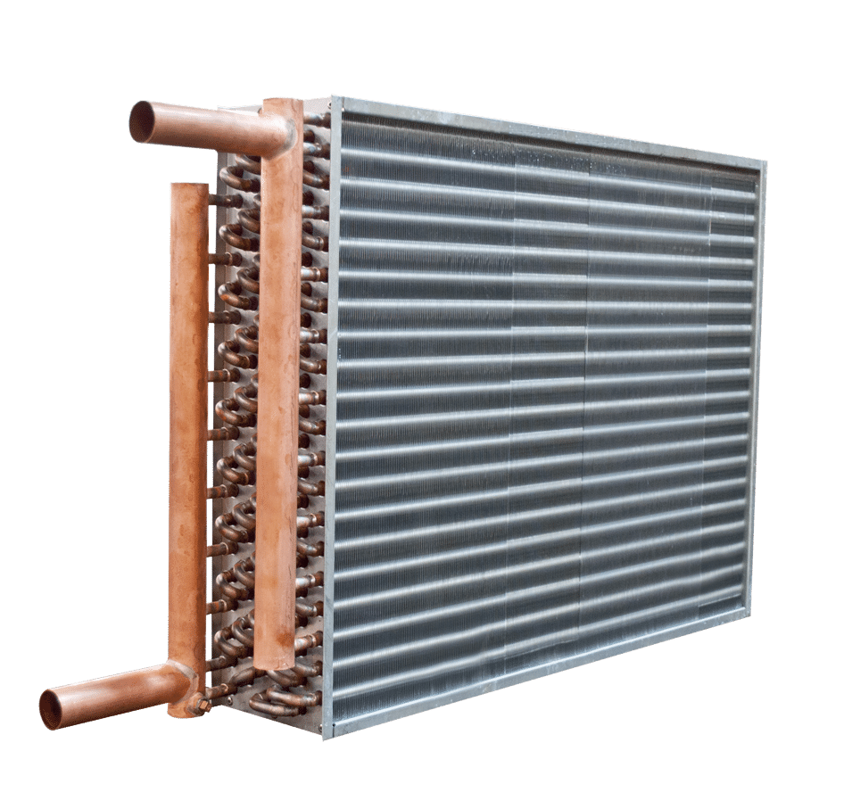 Cutaway of a fluid HVAC water coil showing tube and fin construction.
