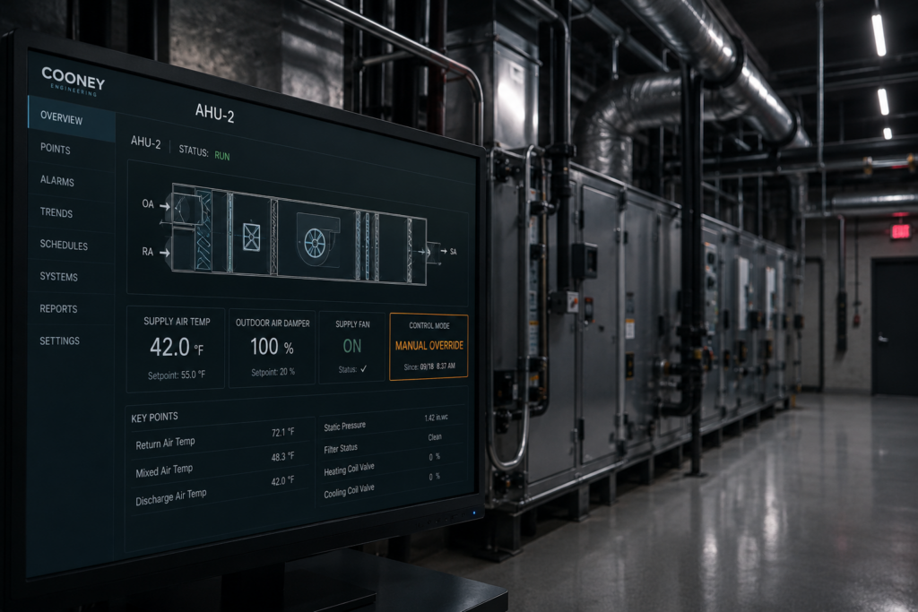 AHU manual override Building controls touchscreen being adjusted, illustrating a setpoint change made by a technician — human error.