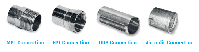 MPT, FPT, ODS and Victaulic coil connection types side by side
