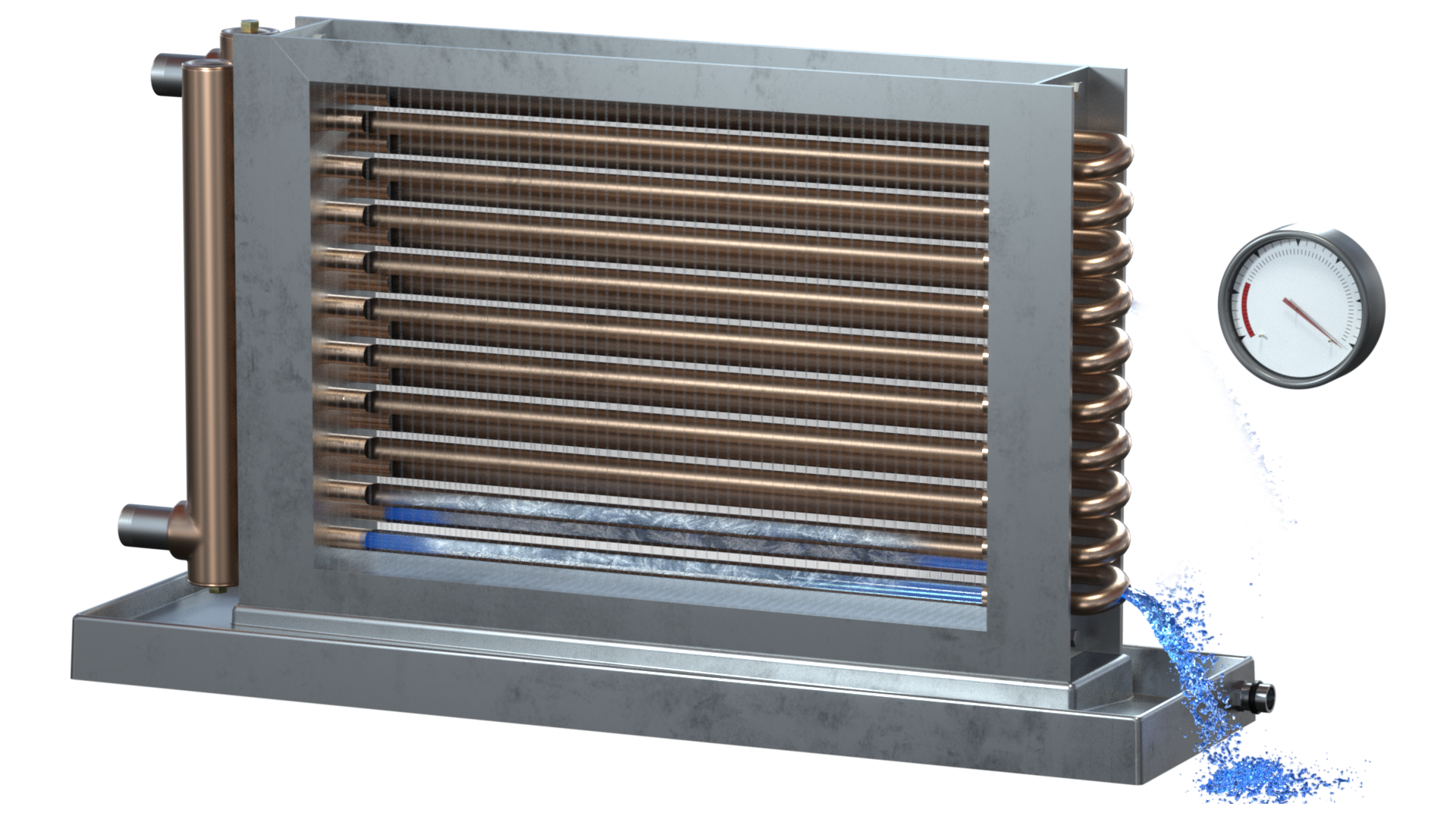 Cut Way Water Left in Coil Split HVAC coil with residual water draining from a low point, flagged as an improperly drained coil at risk of freezing.